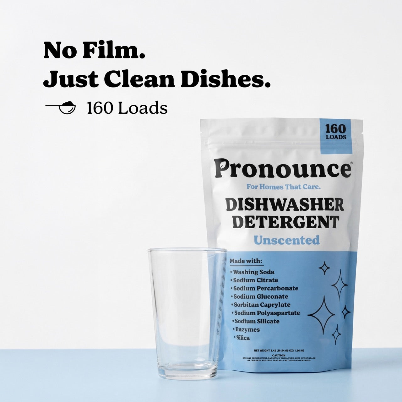 Dishwasher powder without plastic pod film designed for clean dishes with simple ingredients