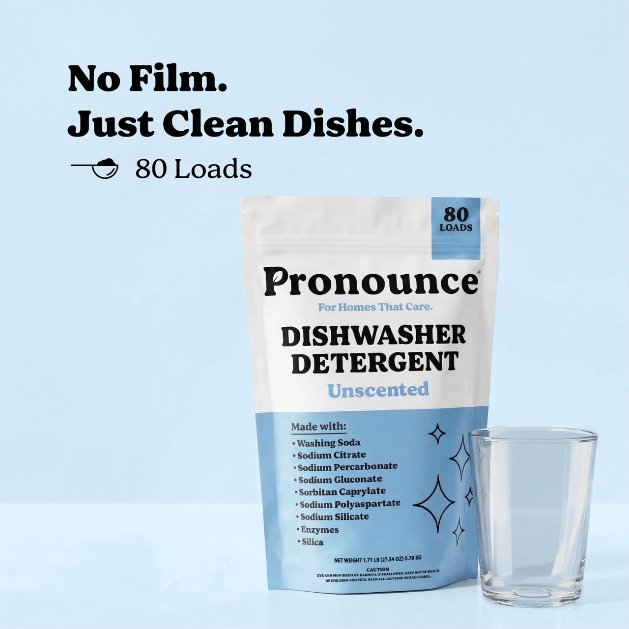 Dishwasher powder without plastic pod film designed for clean dishes with simple ingredients