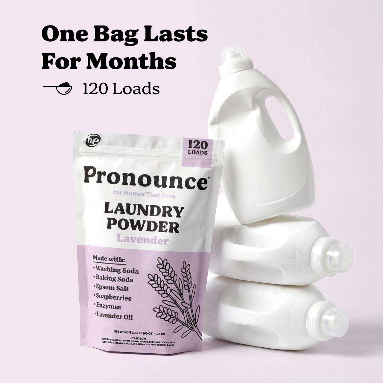 Pronounce lavender laundry powder showing 120 loads compared to large liquid detergent bottles