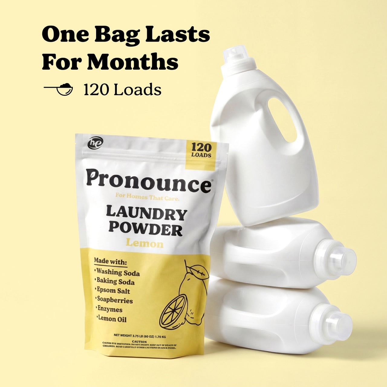 Pronounce lemon laundry powder showing 120 loads compared to large liquid detergent bottles