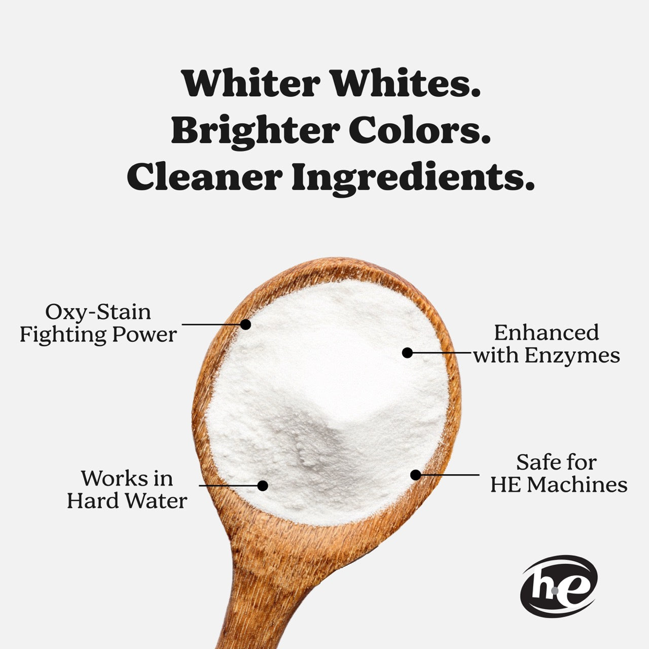 Oxygen laundry booster ingredients showing stain-fighting powder with enzymes for whitening and brightening