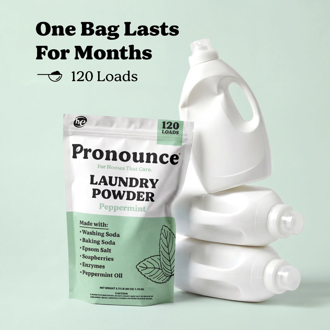 Pronounce peppermint laundry powder showing 120 loads compared to large liquid detergent bottles