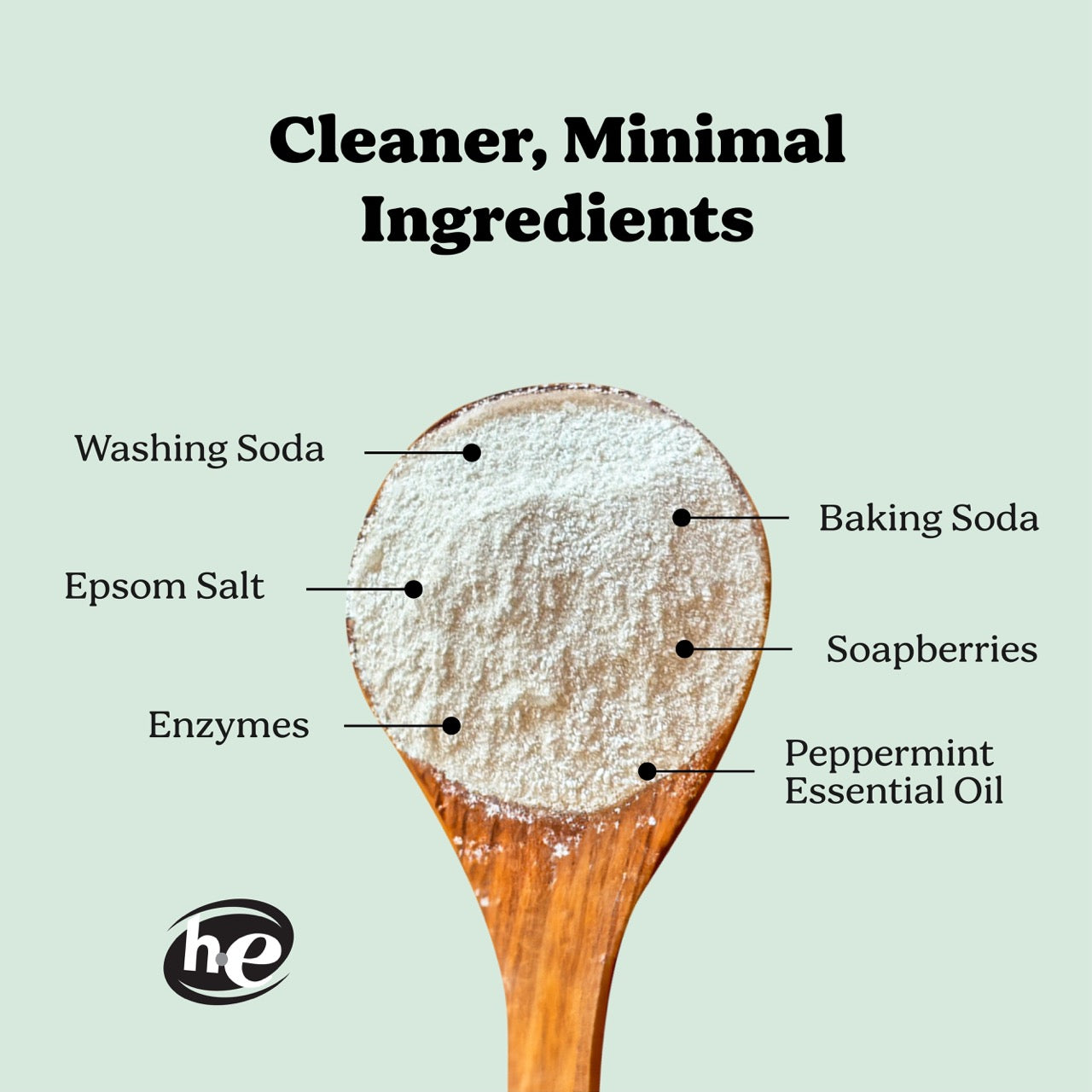 Wooden scoop of Laundry powder ingredients including washing soda, baking soda, epsom salt, soapberries, enzymes, and peppermint essential oil
