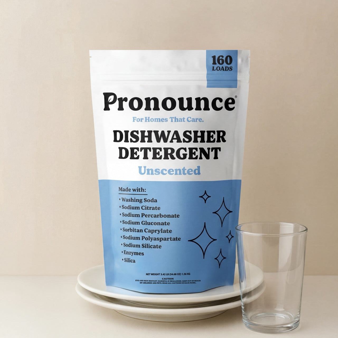 Pronounce unscented dishwasher detergent powder bag showing 160 loads on a stack of two plates