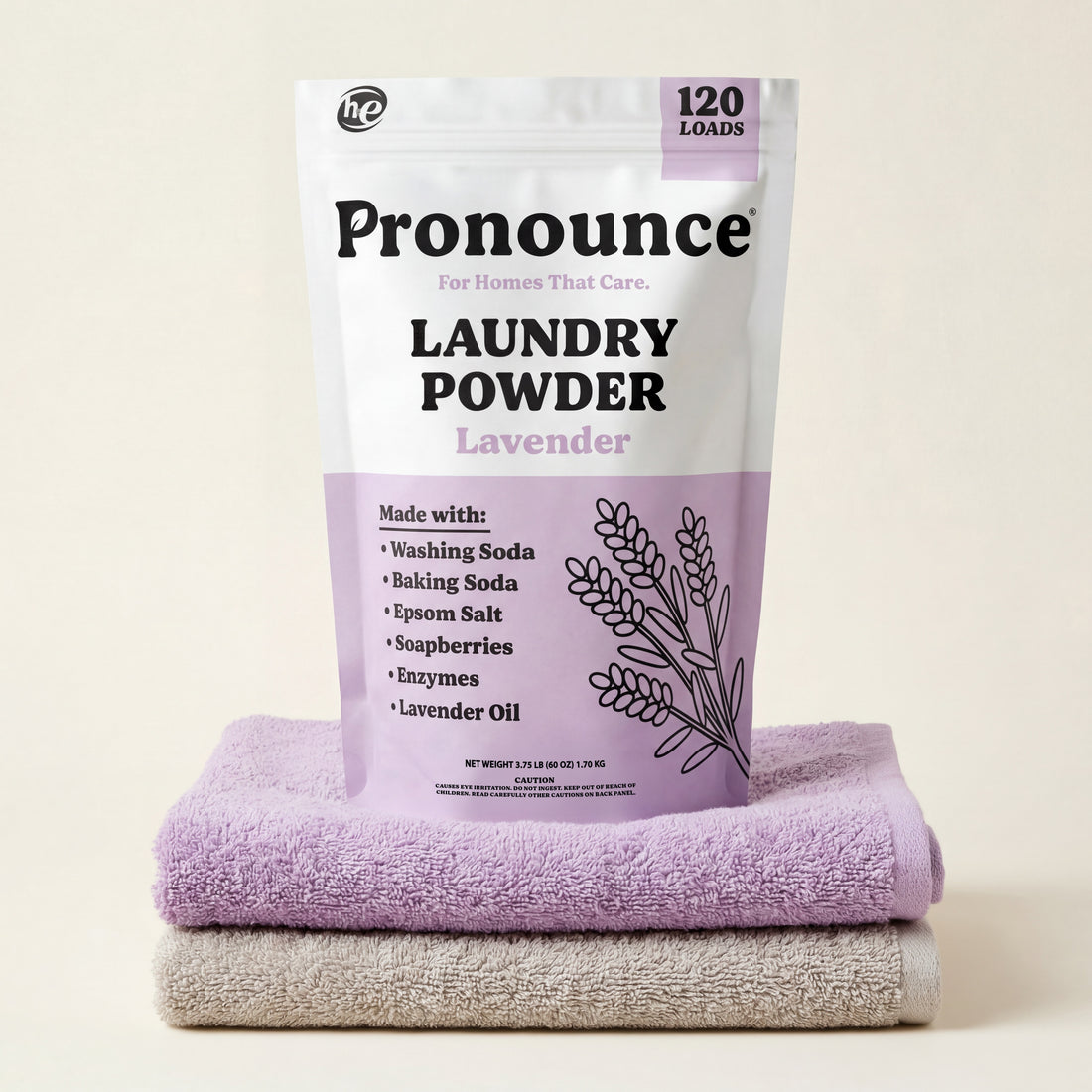 Pronounce lavender laundry powder bag showing 120 loads on folded towels