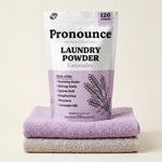 Pronounce lavender laundry powder bag showing 120 loads on folded towels