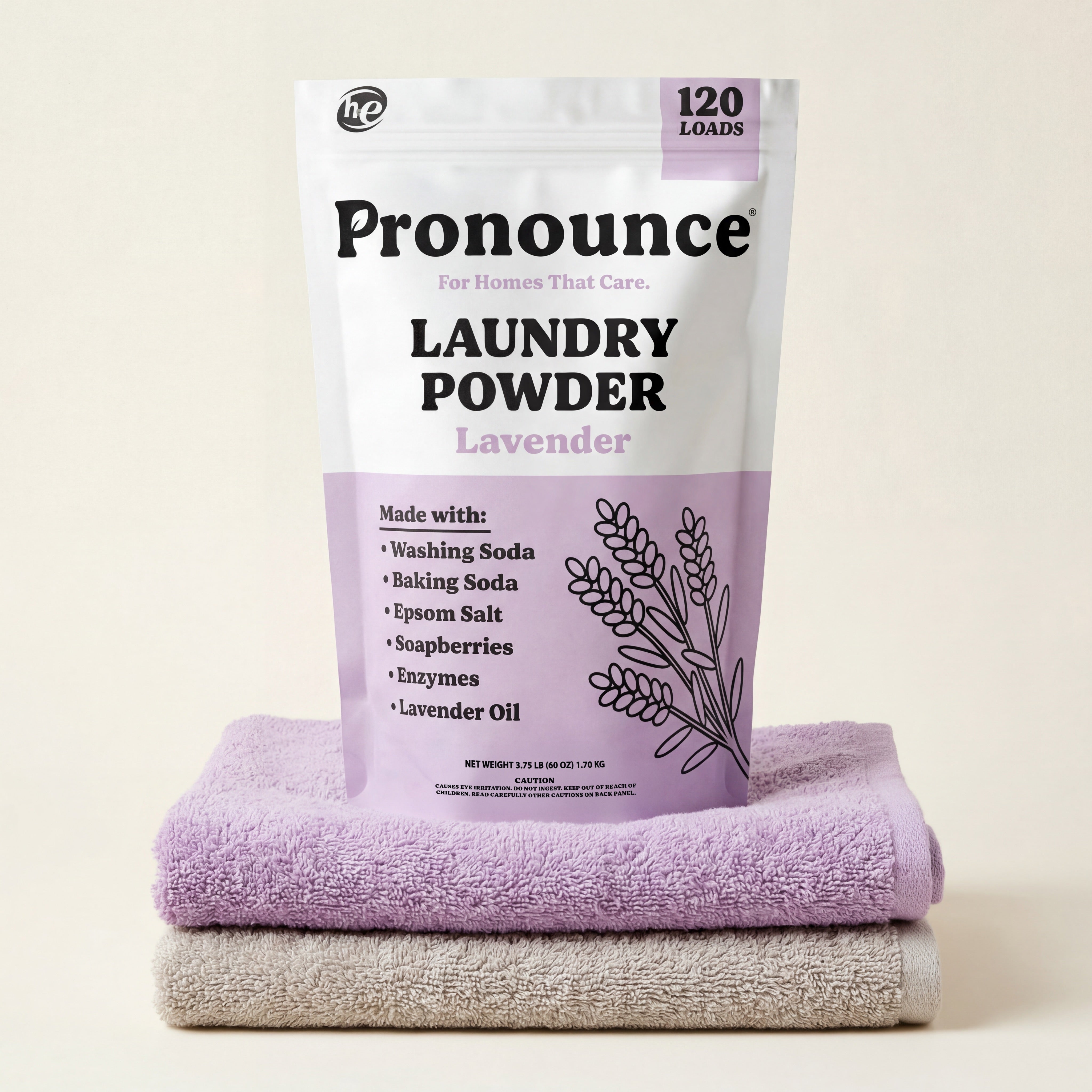 Pronounce lavender laundry powder bag showing 120 loads on folded towels