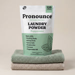 Pronounce peppermint laundry powder bag showing 120 loads on folded towels