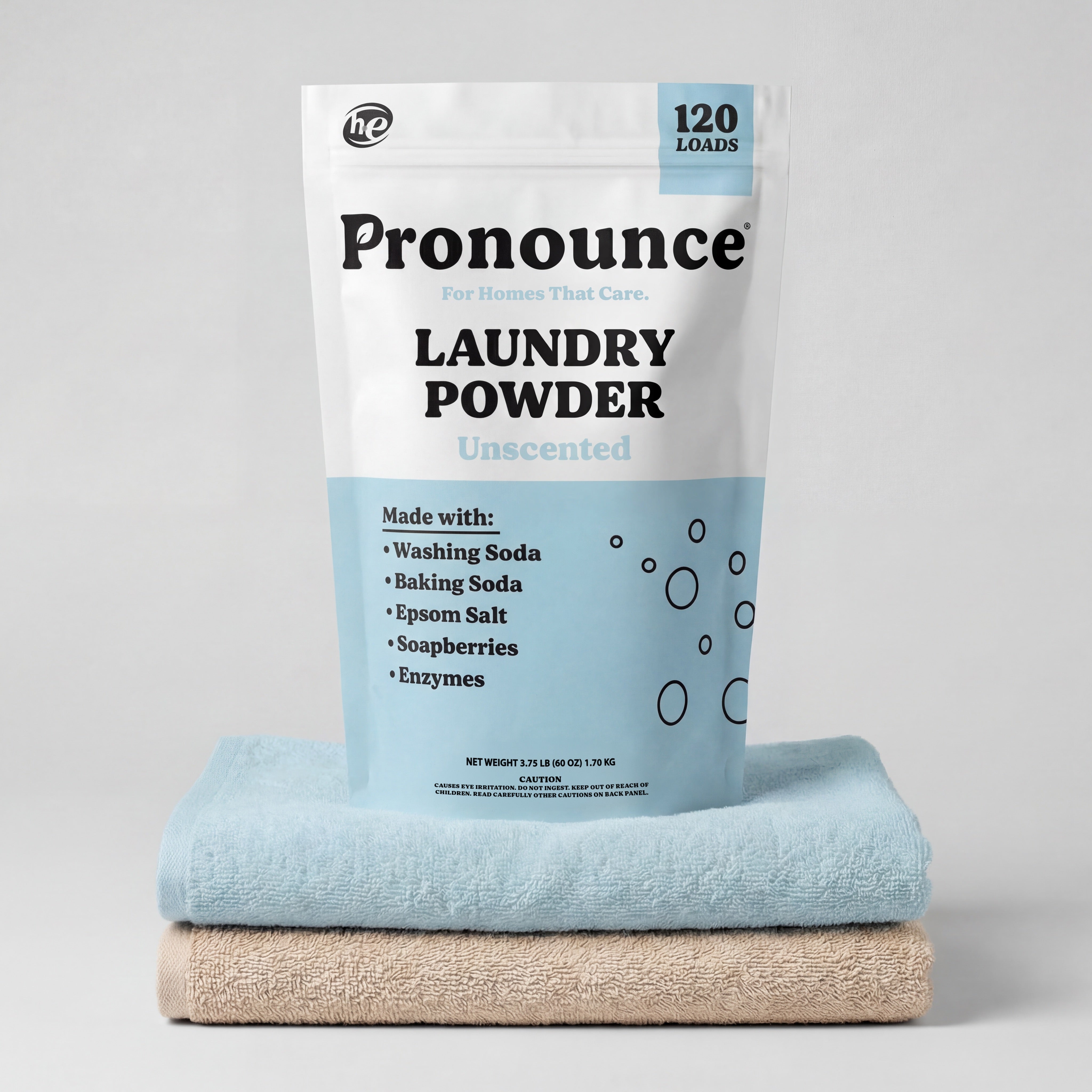 Pronounce unscented laundry powder bag showing 120 loads on folded towels