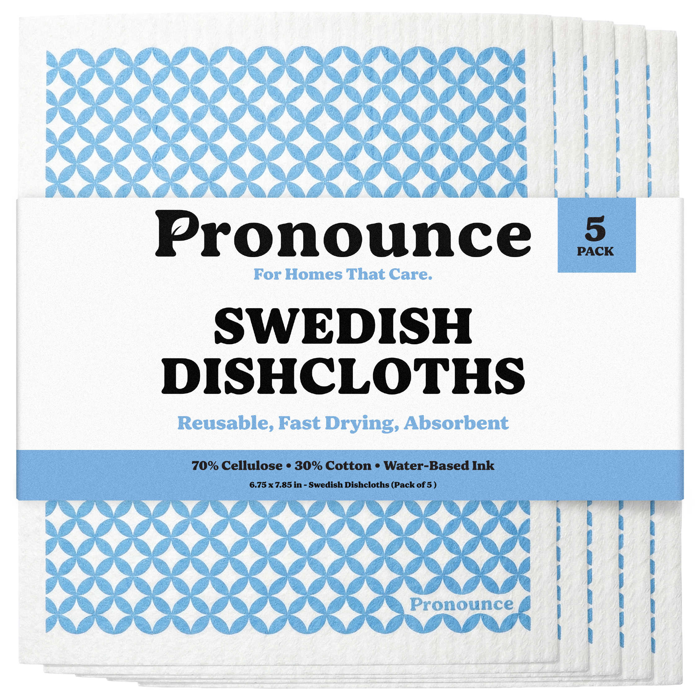 Pronounce Swedish dishcloth pack showing five reusable cellulose and cotton cleaning cloths